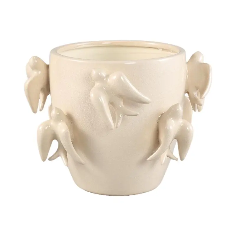 Topf – Vogelmotiv Design, Runde Form, Weiße Farbe, Keramikmaterial, M – EmmeLyn | PTMD
