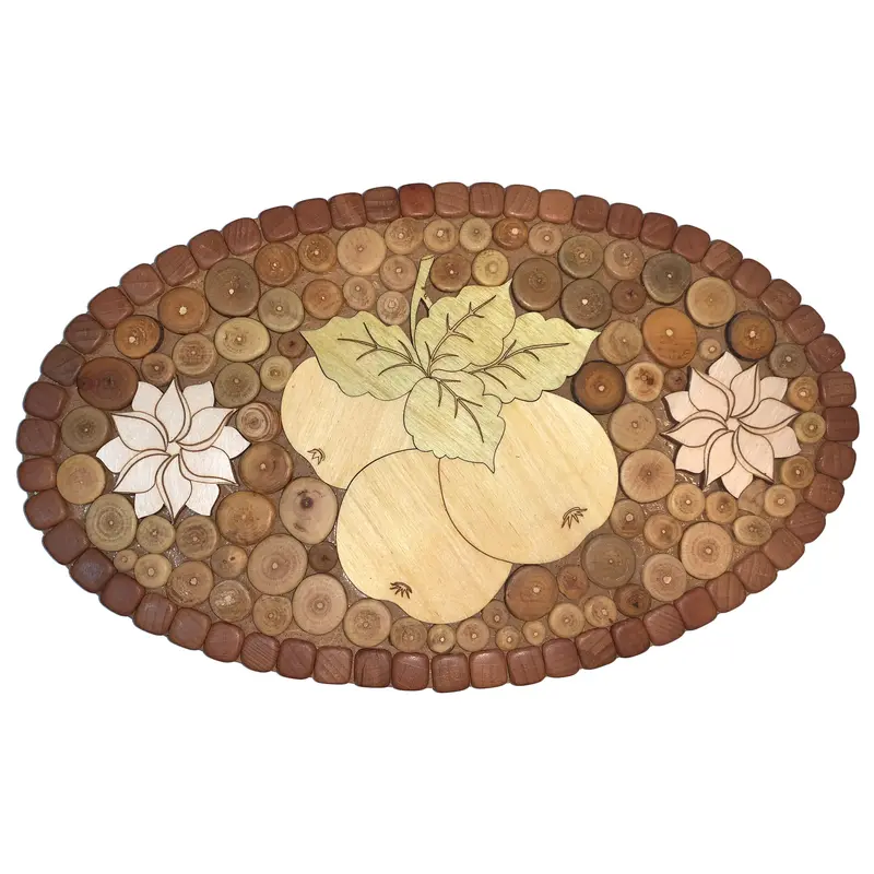 Topfuntersetzer oval aus Holz, gemischte Hölzer, mit gelbem Äpfelmotiv 037.004