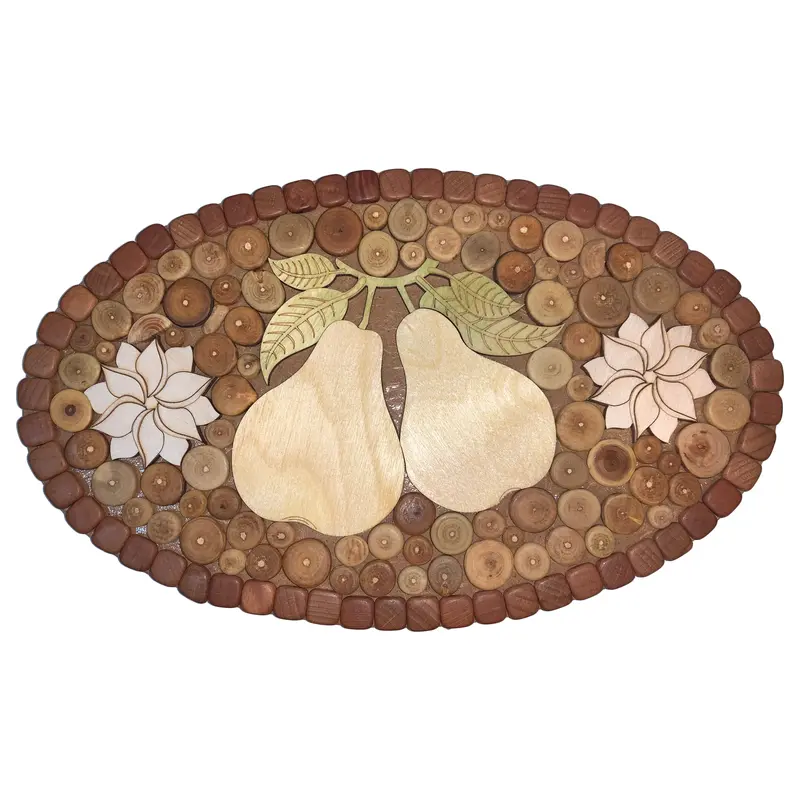 Topfuntersetzer oval aus Holz, gemischte Hölzer, mit gelbem Birnenmotiv 037.005