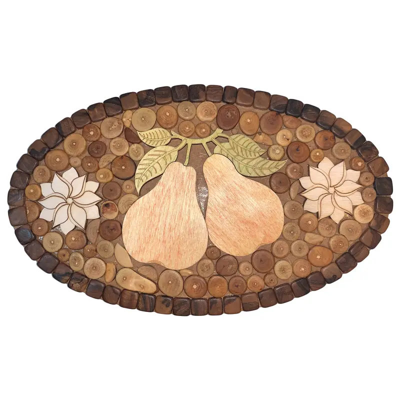 Topfuntersetzer oval aus Holz, gemischte Hölzer, mit roten Birnenmotiv 037.006