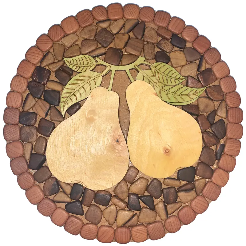 Topfuntersetzer rund aus Holz, gemischte Hölzer, mit Birnenmotiv 037.018