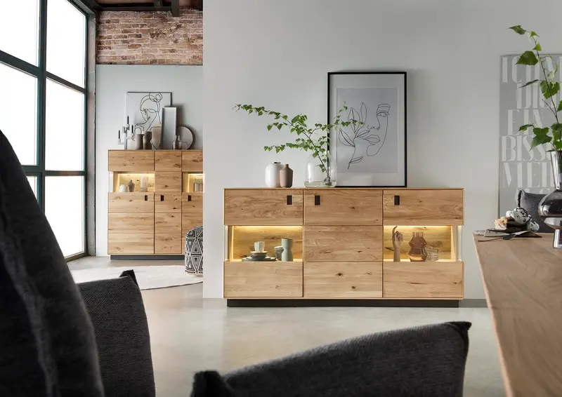 TPT Arosa Sideboard 3-türig Wildeiche/eiche massiv Inkl. Beleuchtung Breite 178 cm x H 88 cm