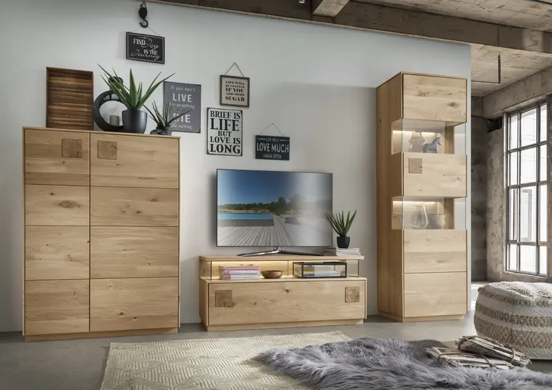 TPT Davos Wohnzimmer-Set 3-teilig Wildeiche massiv, natur/blanco geölt, inkl. Beleuchtung