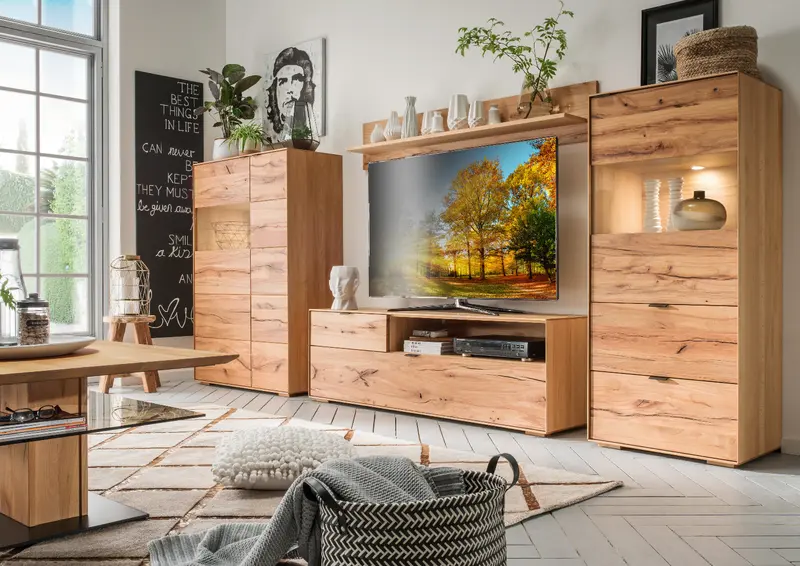 TPT Zerro Wohnzimmer-Set 4-teilig inkl. Beleuchtung, massiver Kernbuche/Eiche