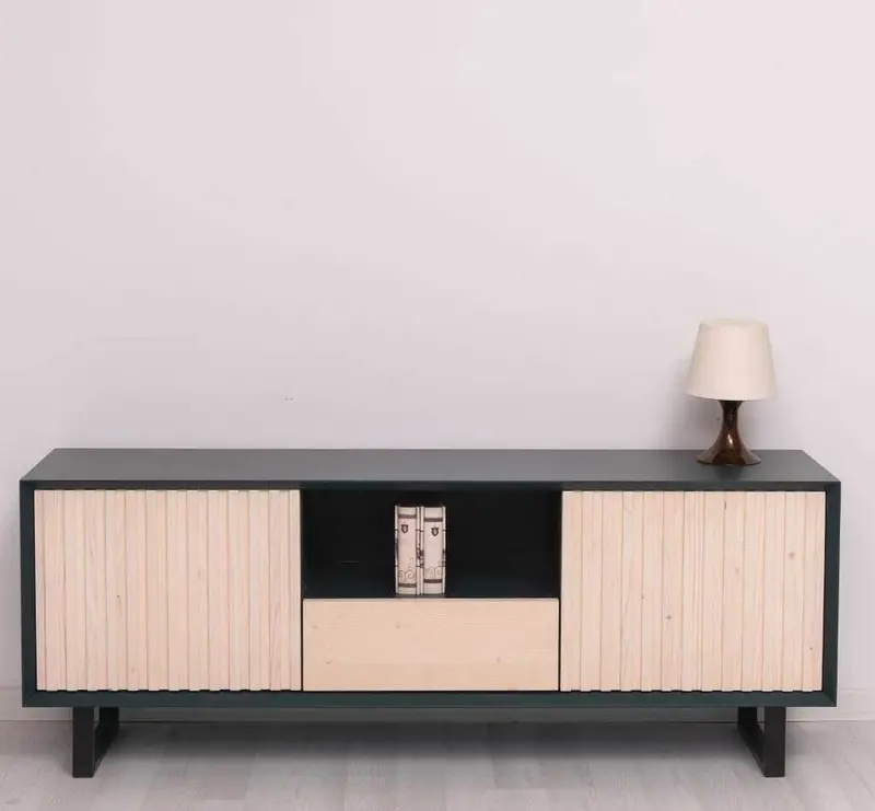 TV-Board aus Massivholz | Flaches Sideboard mit 2 Türen und Schublade
