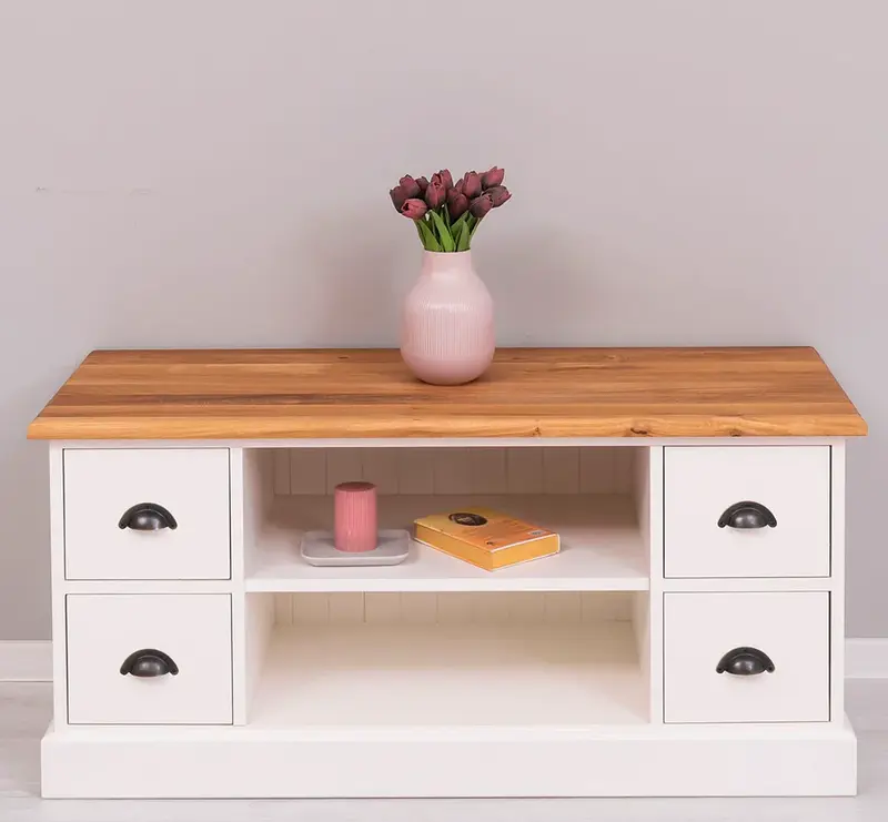 TV-Board aus Massivholz mit 4 Schubladen und Ablage aus Eiche