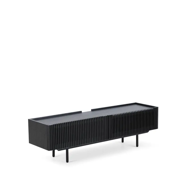 TV-Lowboard – Schräges Eichenlamellen-Design, Soft-Close-Scharniere, Kabelmanagement-Öffnungen – Louvre | Njordec