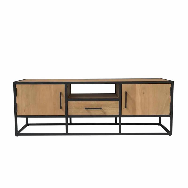 TV-Möbel – Helles Mangoholz, Schwarzes Metall, Moderne Holzintarsie – Dakota | Starfurn