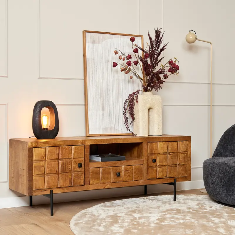 TV-Möbel - Mangoholz Gestreift, Blockmuster Design, Metallbeine, 150 cm – Brandy | Starfurn