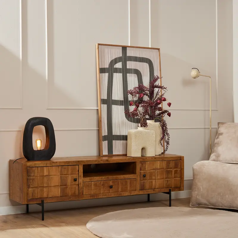 TV-Möbel - Mangoholz Gestreift, Blockmuster Design, Metallbeine, 180 cm – Brandy | Starfurn
