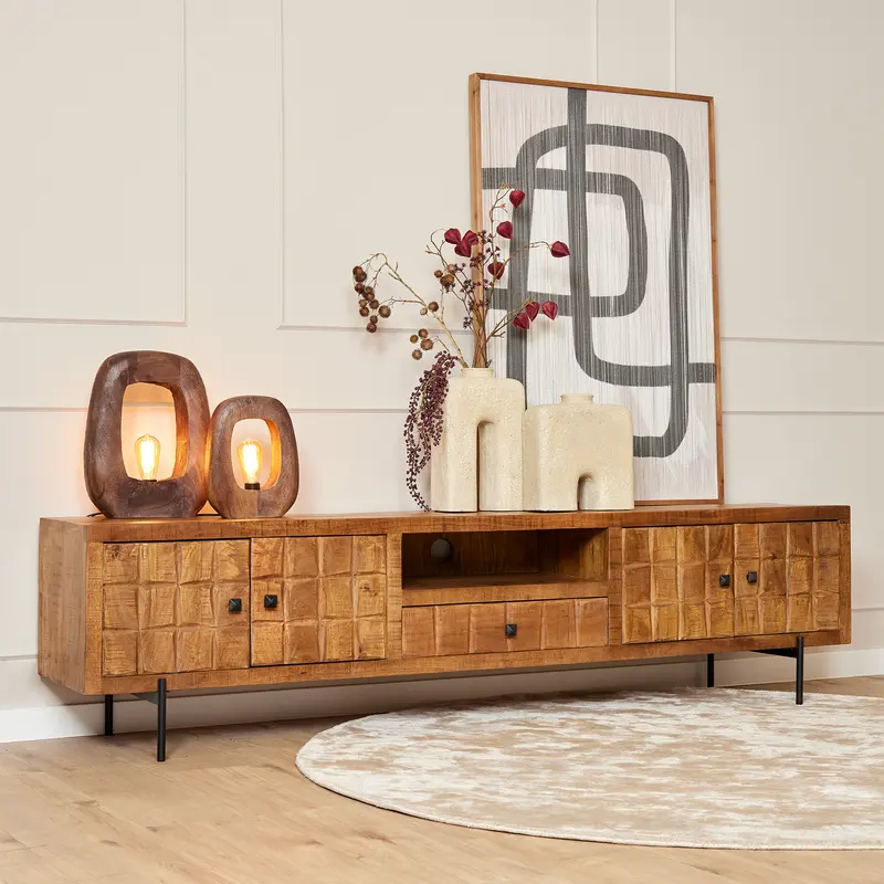 TV-Möbel - Mangoholz Gestreift, Blockmuster, Metallbeine, 220 cm – Brandy | Starfurn