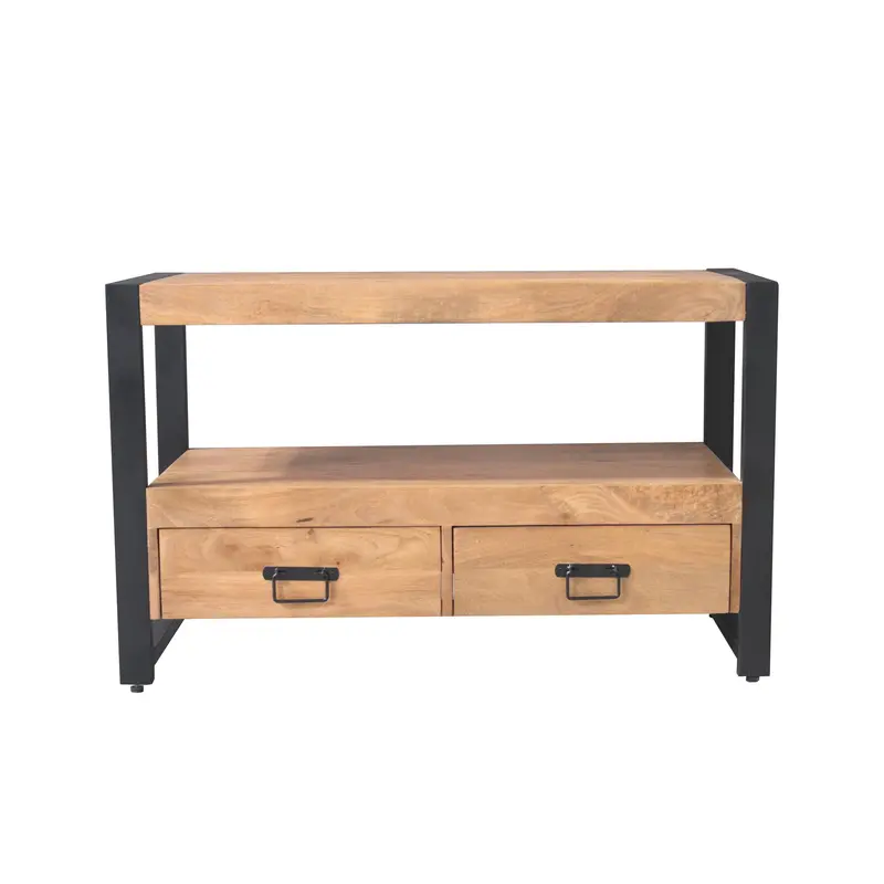 TV-Möbel – Mangoholz, Metallrahmen, Holzstreifen – Britt | Starfurn