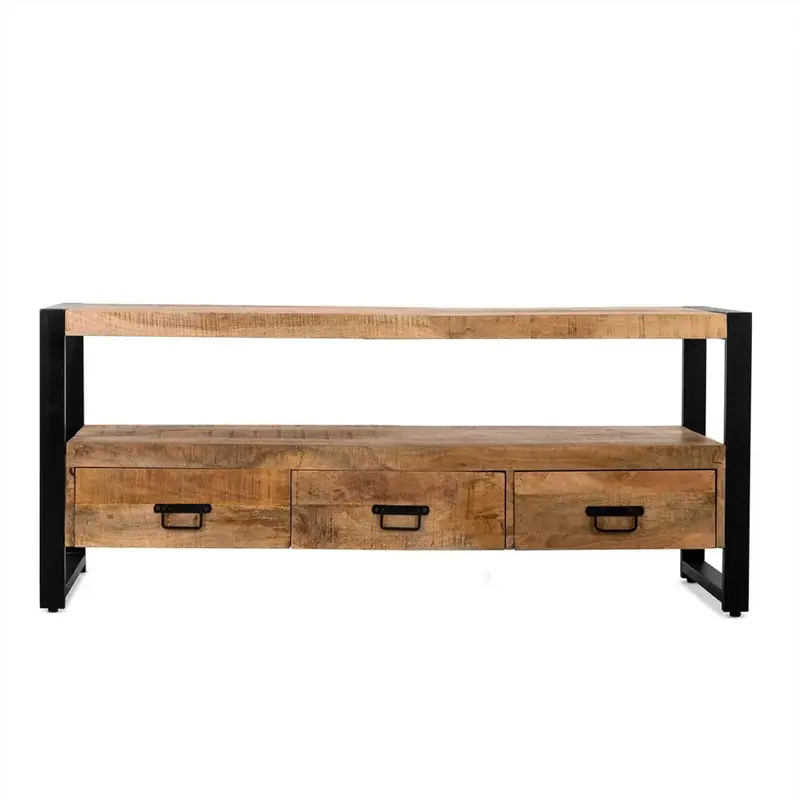 TV-Möbel – Mangoholz Oberfläche, Schwarzes Stahlgestell, Schubladenfunktion, 150 cm - Britt | Benoa