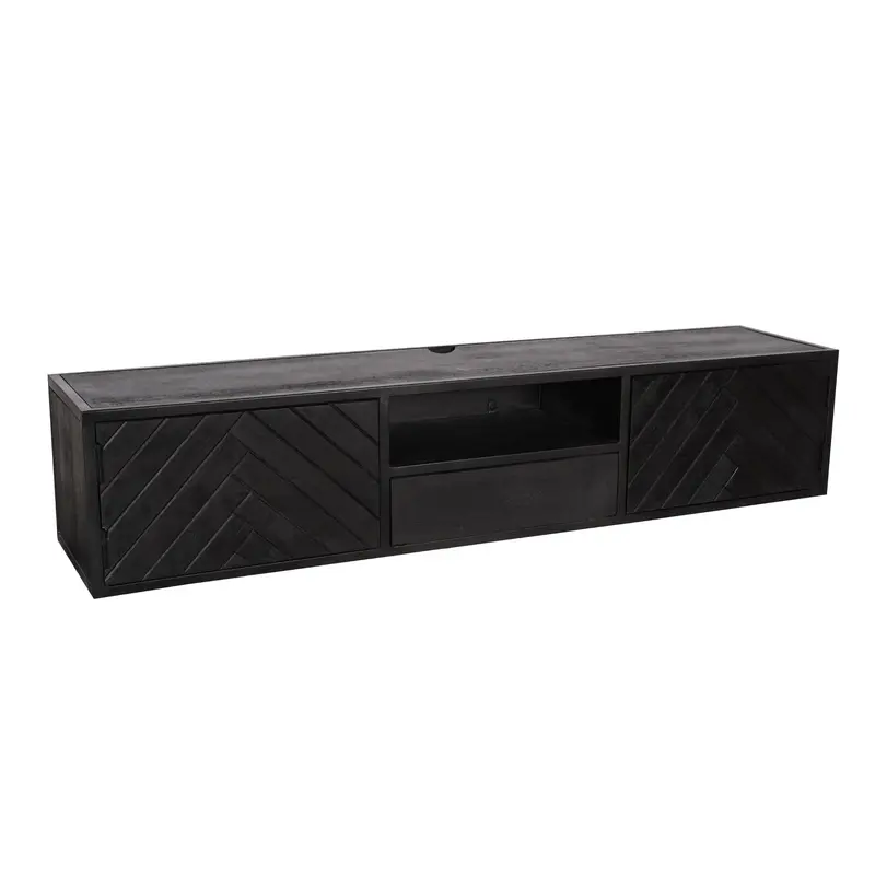 TV-Möbel - Mangoholz Schwarz, Fischgrätmuster, Offenes Fach, 160 cm – New York | Starfurn