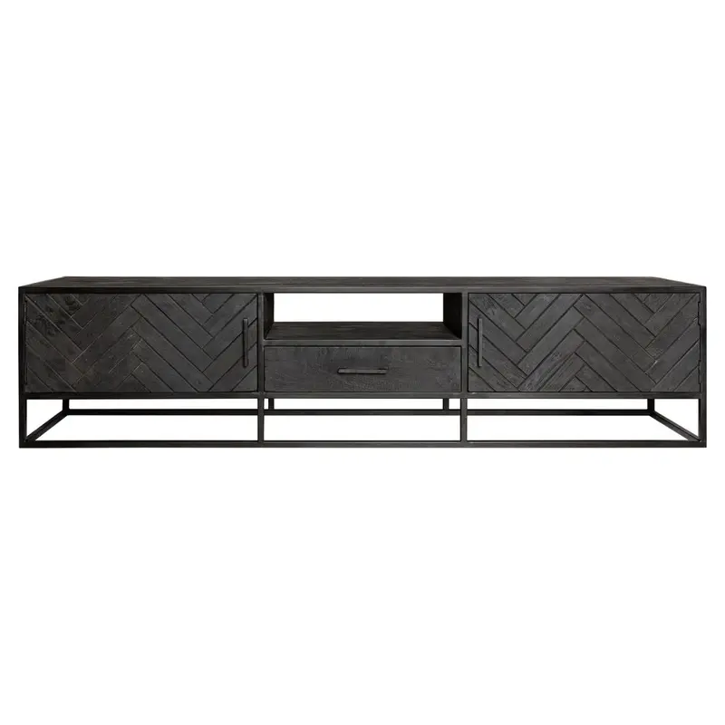 TV-Möbel - Mangoholz Schwarz, Fischgrätmuster, Offenes Fach, 210 cm – New York | Starfurn