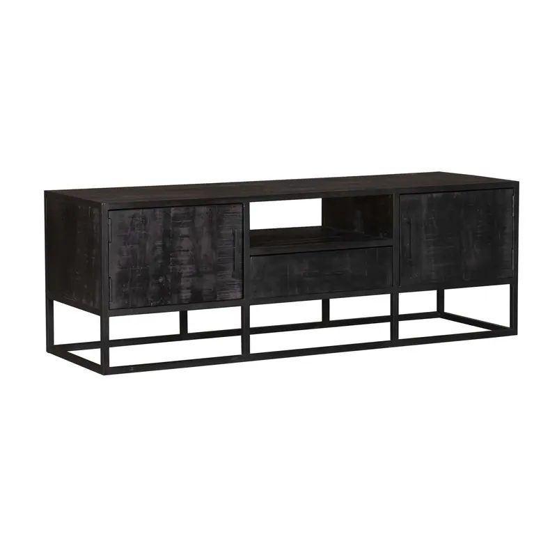 TV-Möbel – Schwarzes Mangoholz, Schwarzes Metallgestell, Offenes Fach, 145 cm – Denver | Starfurn