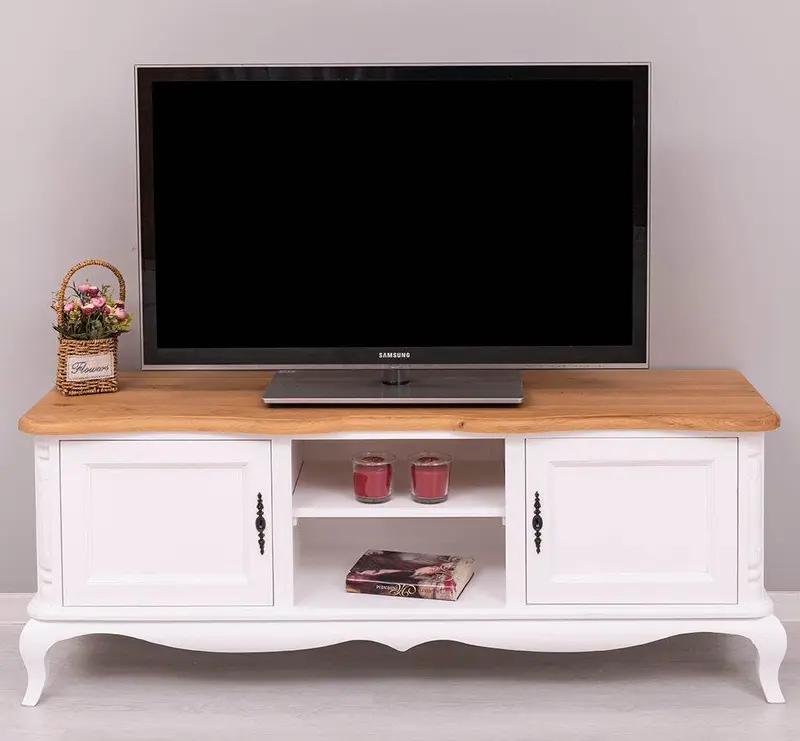 TV Sideboard aus Massivholz mit 2 Türen | Kommode mit geschwungenen Füßen | Eichenplatte