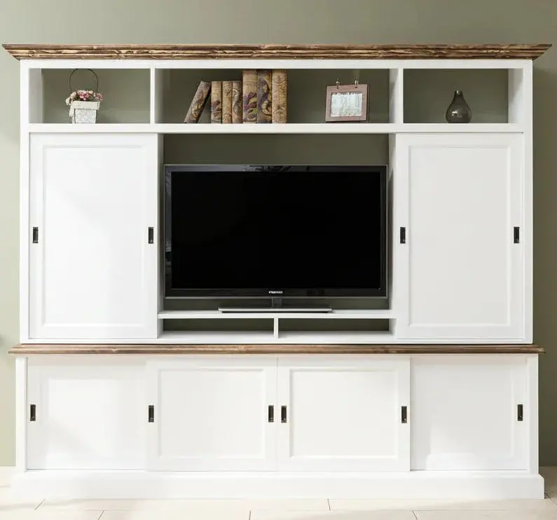 TV-Wand aus Massivholz mit Schiebetüren 2 teilig
