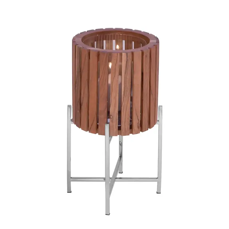 Übertopf – Braunes Holz, Silberfarbener Edelstahl, Hohe Form, 43 cm - Berkley | Gilde