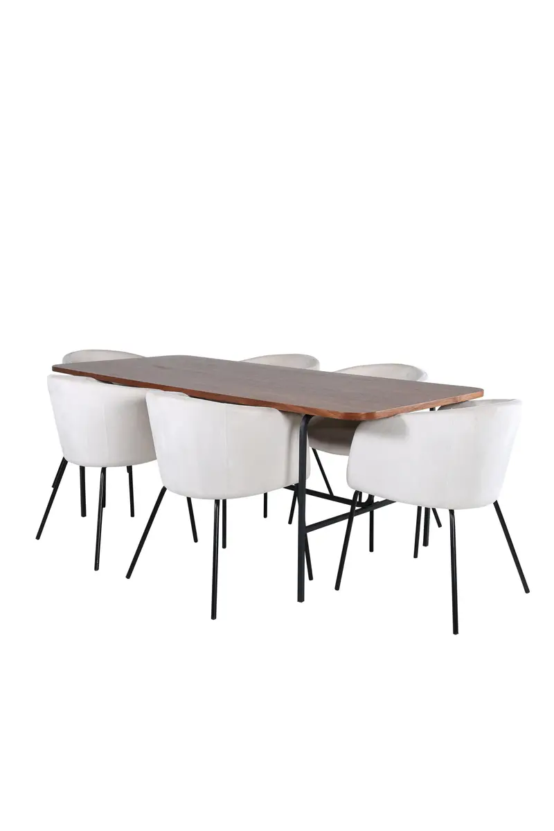 Uno rechteckiges 7 teiliges Essgruppen Set mit walnussfarbenem Esstisch 200 x 90 cm und 6 beigen Stühlen