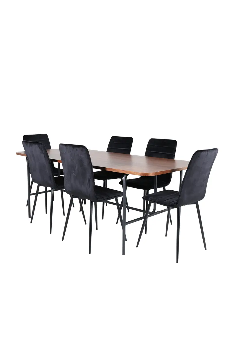 Uno rechteckiges 7 teiliges Essgruppen Set mit walnussfarbenem Esstisch 200 x 90 x 74 cm und 6 schwarzen Steppstühlen