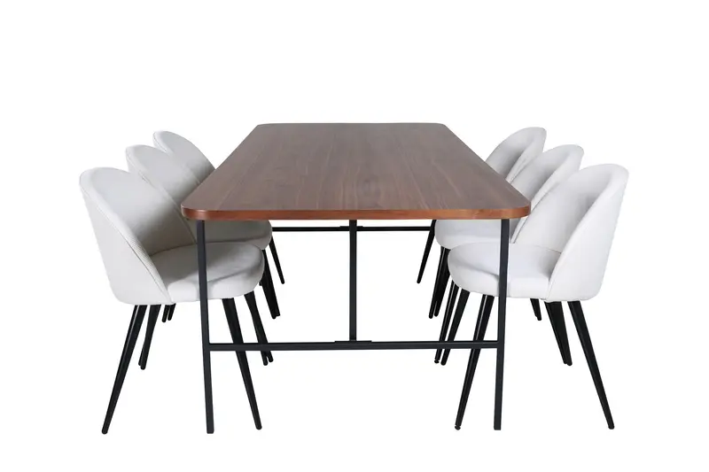 Uno rechteckiges 7 teiliges Essgruppen Set mit walnussfarbenem Tisch 200 x 90 cm und 6 cremefarbenen Esszimmerstühlen