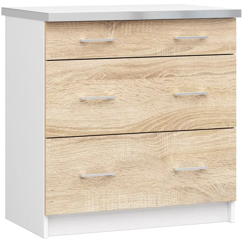 Unterschrank – LIMA – S80 SZ3 mit Arbeitsplatte, Weiß / Sonoma Eiche Matt, 3 Schubladen