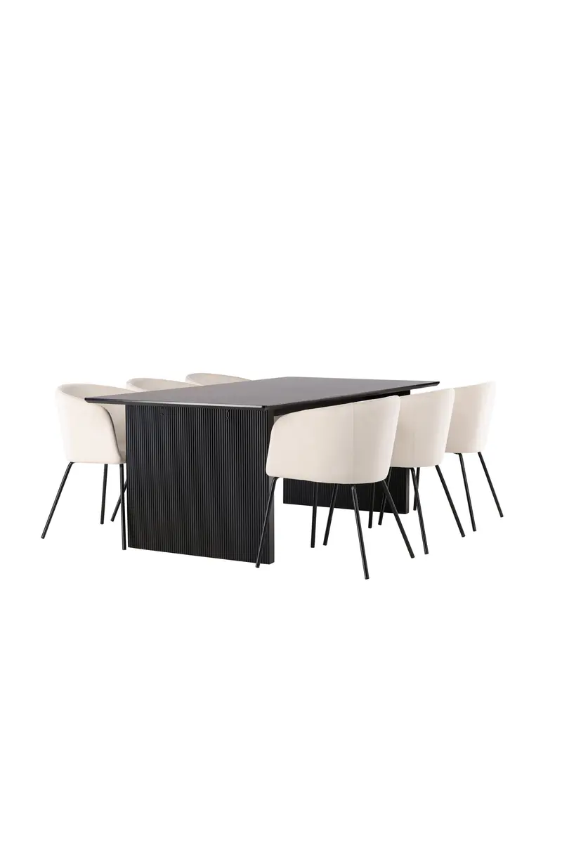 Vail Essgruppen Set 7 teilig mit schwarzem Esstisch 120 x 80 cm und 6 beigen Berit Samtstühlen