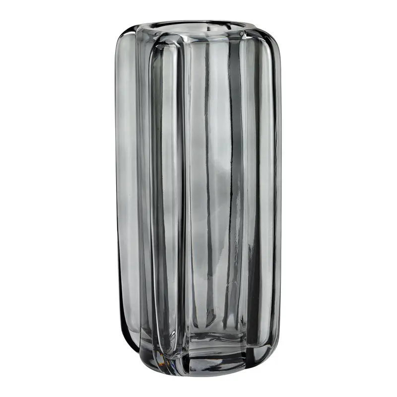 Vase aus grauem Glas mit hoher zylindrischer Form glatter Oberfläche & dekorativem Stil | Wurm