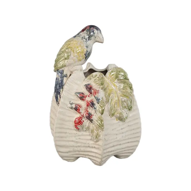 Vase – Cremefarbe, Runde Form, Papageienmotiv, Keramik, S – Rialey | PTMD