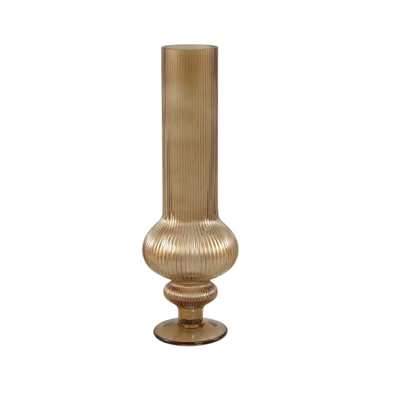 Vase – Gerippte Struktur, Runde Form, Glas Material, Bernstein, Mit Fuß, S – Keala | PTMD