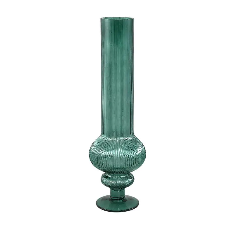 Vase – Gerippte Struktur, Runde Form, Glas Material, Dunkelgrün, Mit Fuß, L – Keala | PTMD