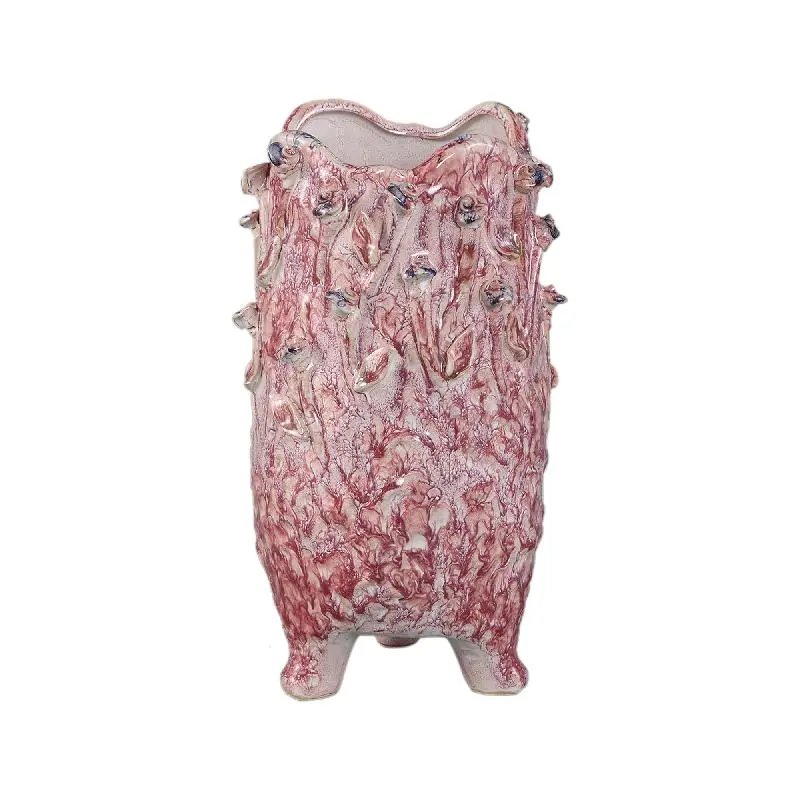 Vase – Hellrosa Farbe, Runde Form, Blaues Rosenmotiv, Keramik, S – Laihla | PTMD