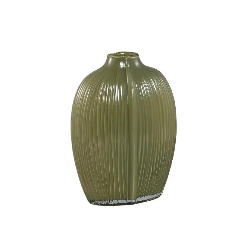 Vase – Oliv Glas, Ovale Form, Gerippte Oberfläche, Hoch – Jalisia | PTMD