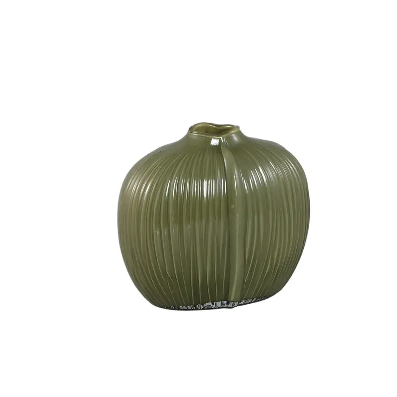 Vase – Oliv Glas, Ovale Form, Gerippte Oberfläche, Niedrig – Jalisia | PTMD