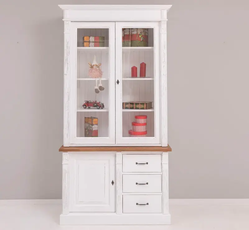 Vintage Vitrine aus Massivholz mit Ornamenten - Deckplatte Eiche