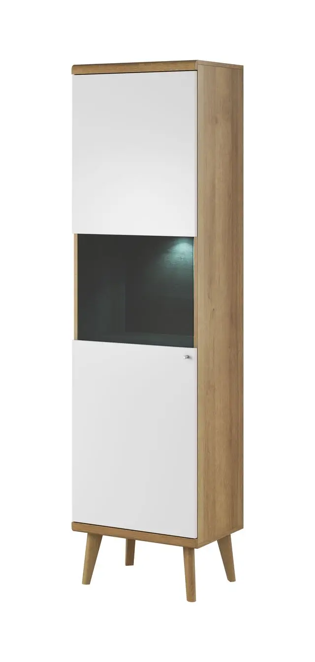 Vitrine – PRIMO – PWT50 – Weiß / Sonoma Eiche – Schlanke Standvitrine mit moderner Holzoptik