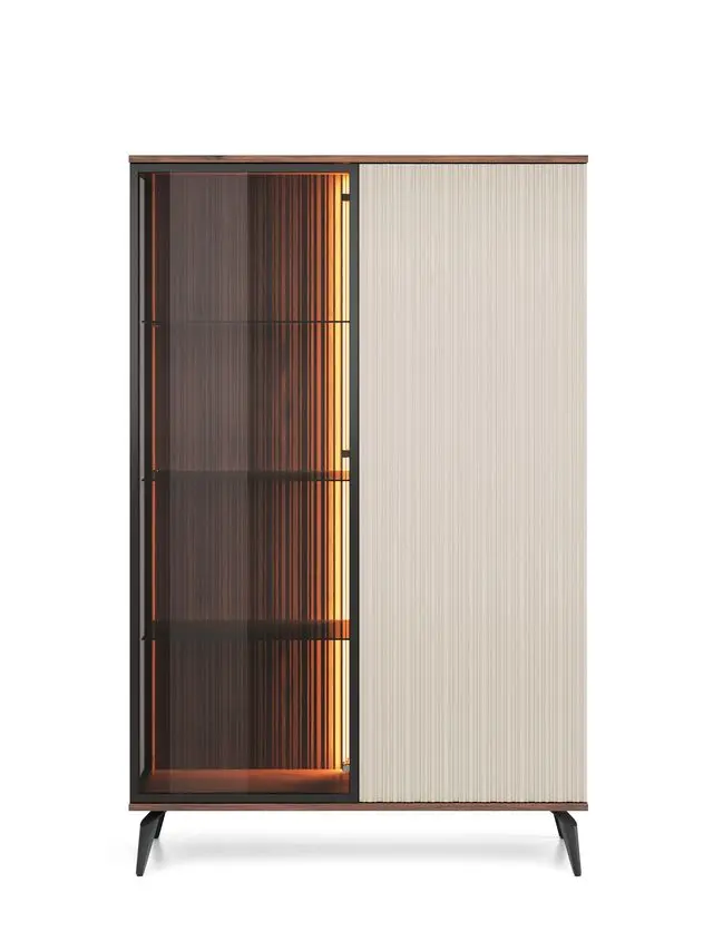 Vitrine – VICI – WT-103 Kaschmir / Walnuss, modernes Design mit LED-Akzent