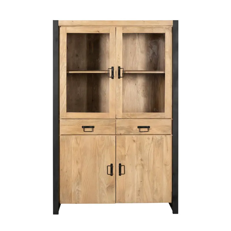 Vitrinenschrank – Helles Mangoholz, Schwarzes Metall, Moderne Holzintarsie – Britt | Starfurn