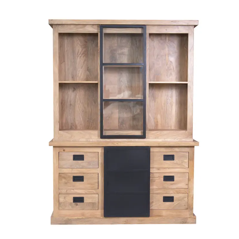 Vitrinenschrank – Mangoholz, Holzstreifen, Metalltüren – Noa | Starfurn