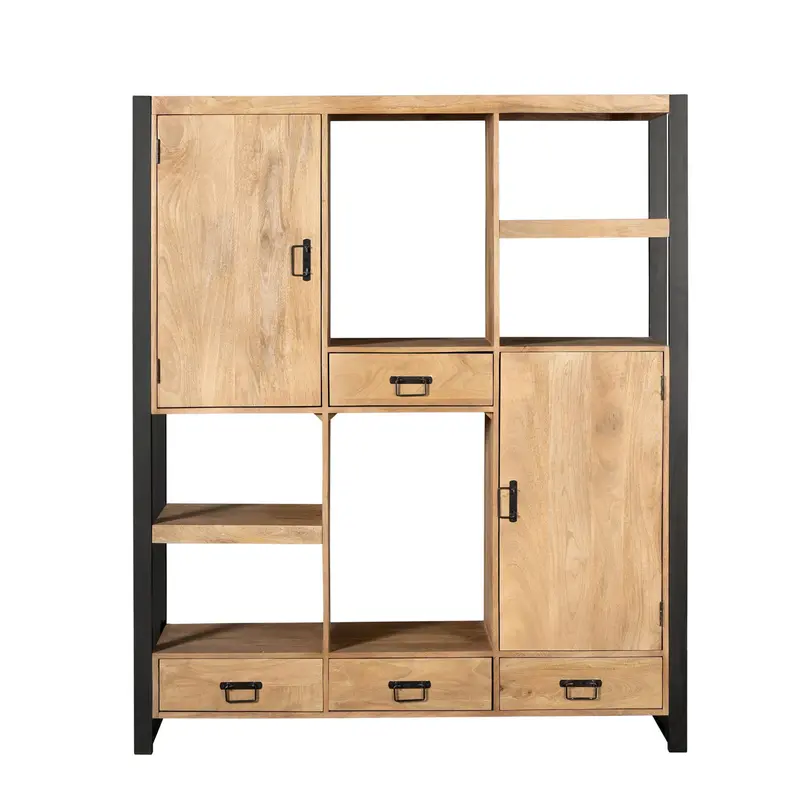 Vitrinenschrank – Mangoholz Material, Schwarzes Metallgestell, Streifenholz Design – Britt | Starfurn