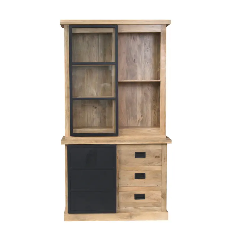 Vitrinenschrank – Mangoholz, Metalltüren, Holzstreifen – Noa | Starfurn