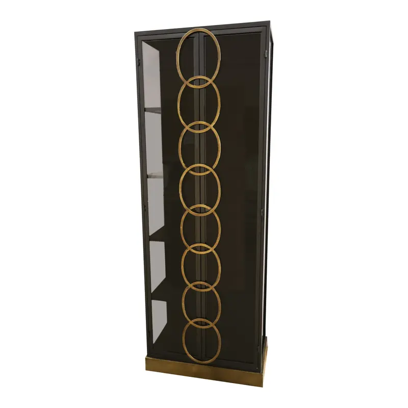Vitrinenschrank – Schwarzes Metall, Glastüren Design, Goldene Ringe - Riho | PTMD