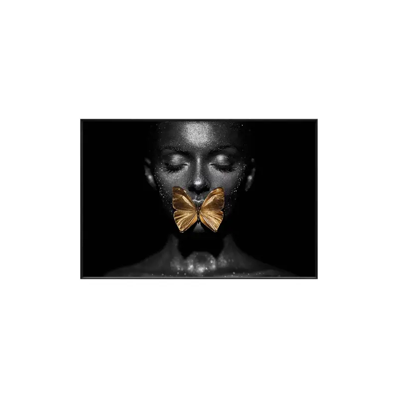 Wandbild – Schwarzes Glas, Goldener Schmetterling, Surreales Frauenporträt – Woman Butterfly | PTMD