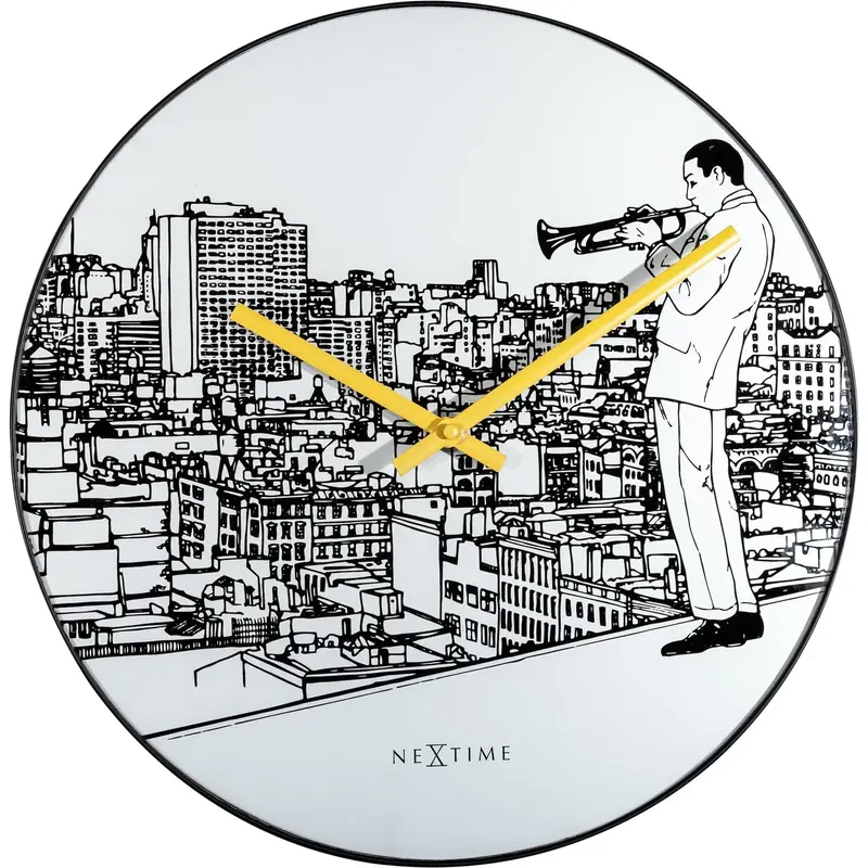 Wanduhr – Lautloses Uhrwerk, Jazzmotiv, Glasdesign - Trumpet City | NeXtime