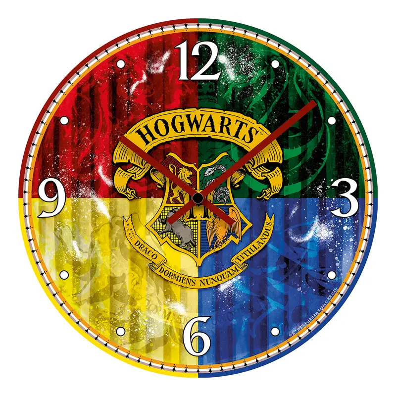 Wanduhr – MDF Oberfläche, Zauberwappen Motiv, Farbblock Design - Hogwarts | Gilde