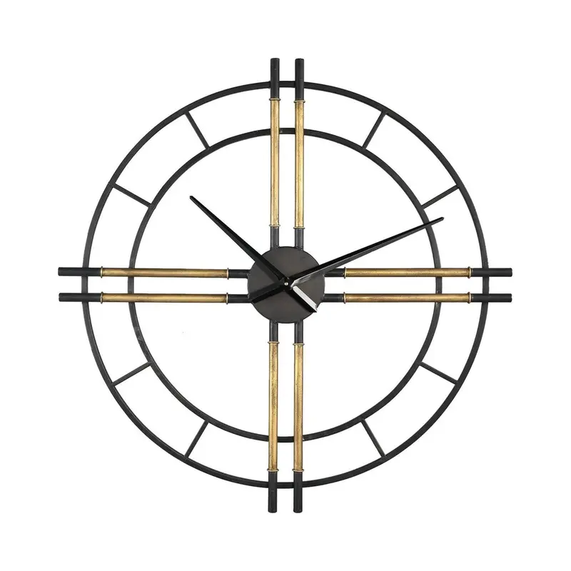 Wanduhr – Schwarzes Metall, Goldfarbene Röhrenelemente, Offenes Runddesign – Joanna | PTMD
