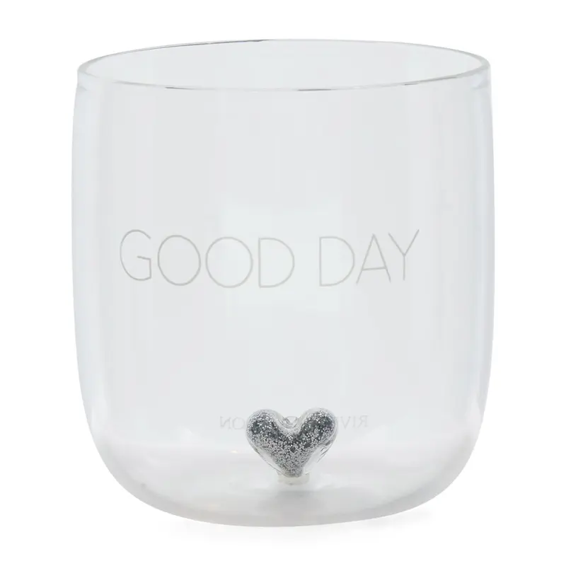 Wasserglas transparent, mundgeblasen mit Herz und Silberglitzer, M – Good Day | Rivièra Maison