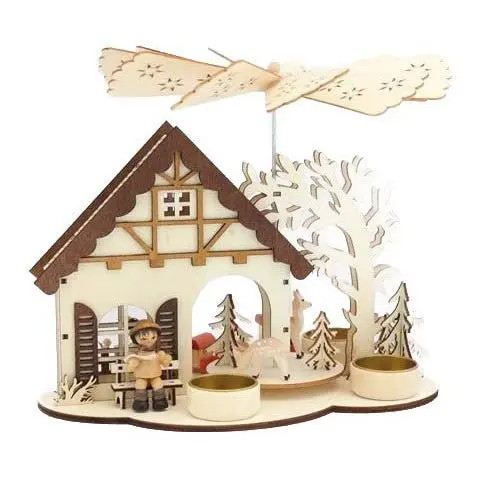 Weihnachtspyramide für 3 Teelichte "Haus mit Rehen", natur, 23 cm