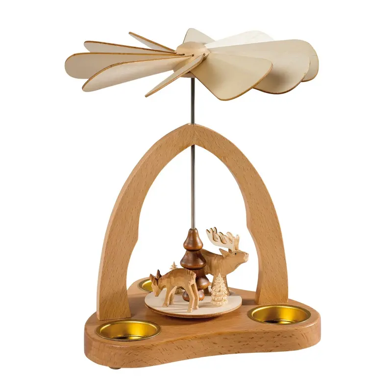 Weihnachtspyramide für 3 Teelichte mit geschnitzten Waldtieren, 23 cm